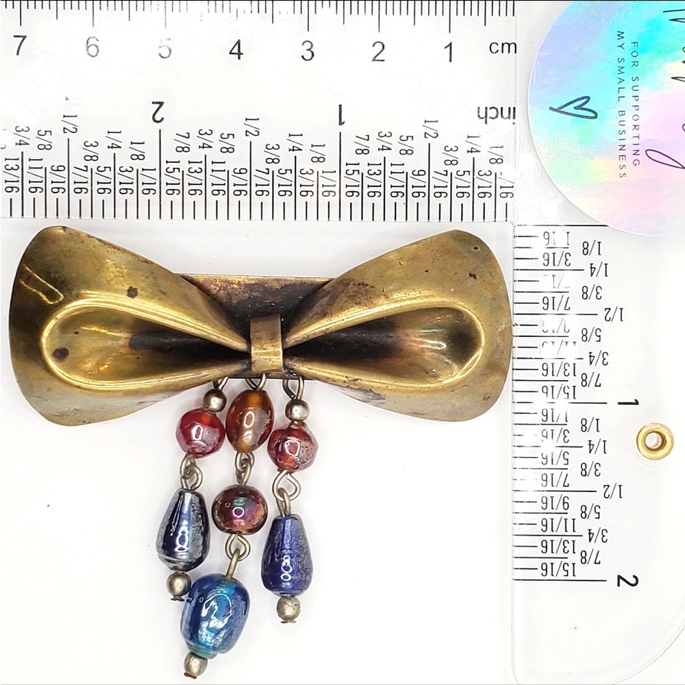 1930 Brass Bow Brooch Pin Teardrop Czech Peacock